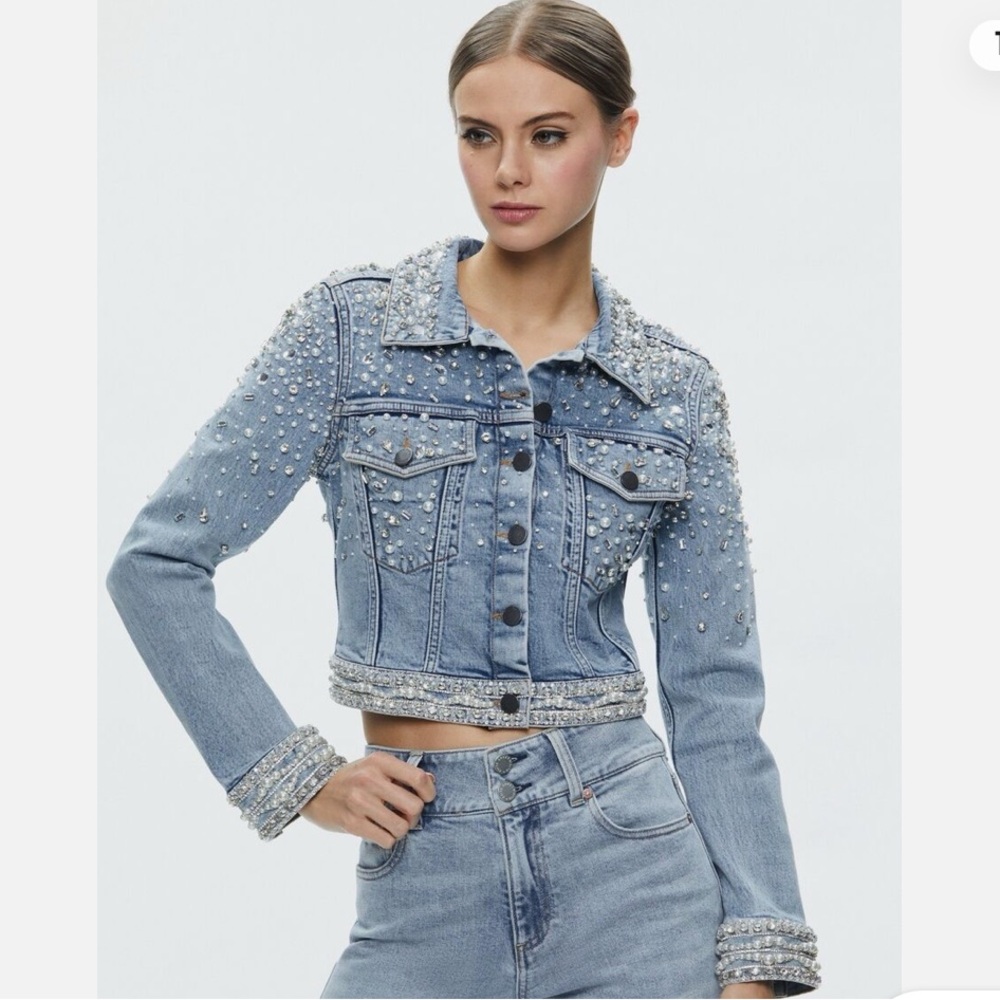 Alice + Olivia Nelson Embellished Fitted Cropped Denim Jacket